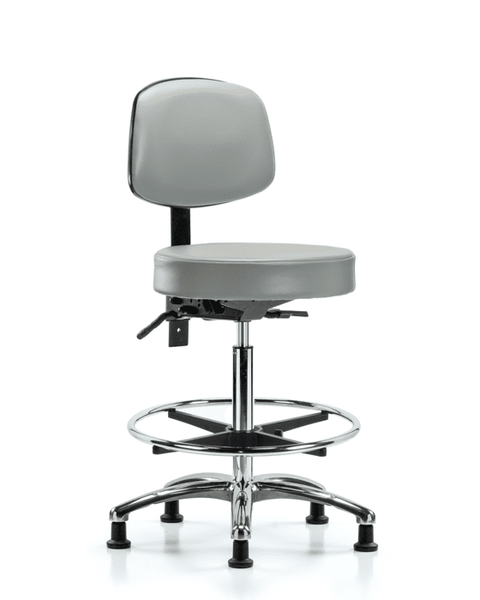 Vinyl Stool with Back Chrome - High Bench Height with Chrome Foot Ring & Stationary Glides in Dove Trailblazer Vinyl - VHBST-CR-T0-CF-RG-8567
