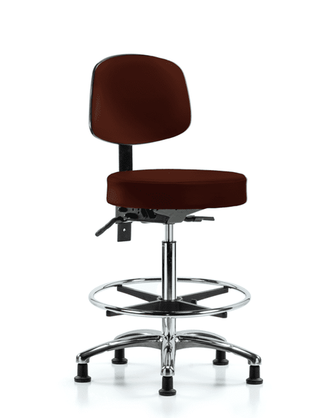 Vinyl Stool with Back Chrome - High Bench Height with Chrome Foot Ring & Stationary Glides in Burgundy Trailblazer Vinyl - VHBST-CR-T0-CF-RG-8569