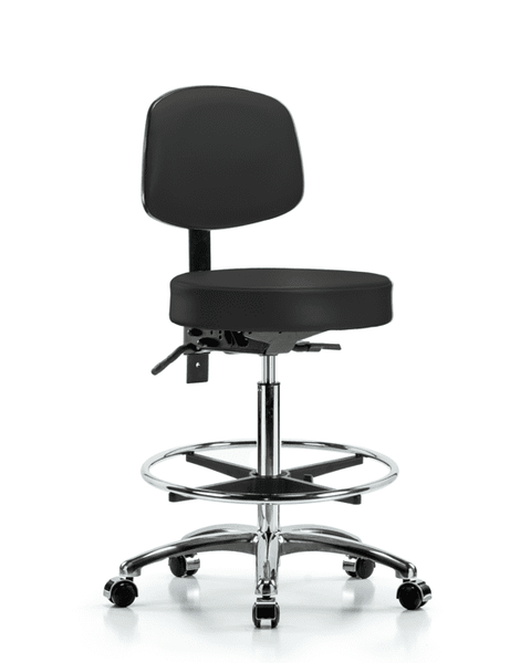 Vinyl Stool with Back Chrome - High Bench Height with Seat Tilt, Chrome Foot Ring, & Casters in Black Trailblazer Vinyl - VHBST-CR-T1-CF-CC-8540
