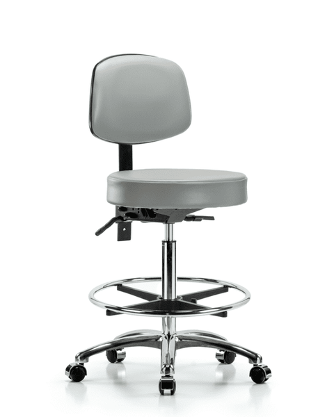 Vinyl Stool with Back Chrome - High Bench Height with Seat Tilt, Chrome Foot Ring, & Casters in Dove Trailblazer Vinyl - VHBST-CR-T1-CF-CC-8567