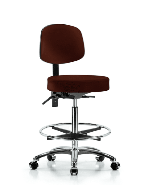 Vinyl Stool with Back Chrome - High Bench Height with Seat Tilt, Chrome Foot Ring, & Casters in Burgundy Trailblazer Vinyl - VHBST-CR-T1-CF-CC-8569