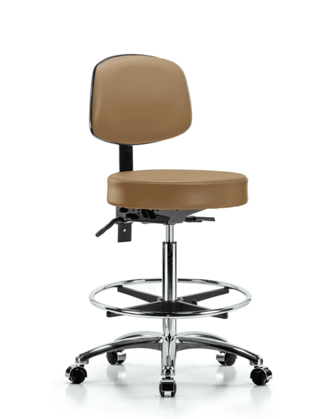 Vinyl Stool with Back Chrome - High Bench Height with Seat Tilt, Chrome Foot Ring, & Casters in Taupe Trailblazer Vinyl - VHBST-CR-T1-CF-CC-8584