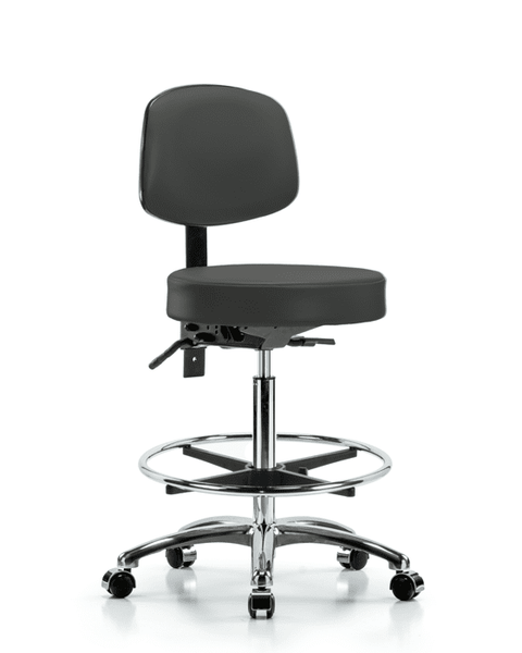 Vinyl Stool with Back Chrome - High Bench Height with Seat Tilt, Chrome Foot Ring, & Casters in Charcoal Trailblazer Vinyl - VHBST-CR-T1-CF-CC-8605