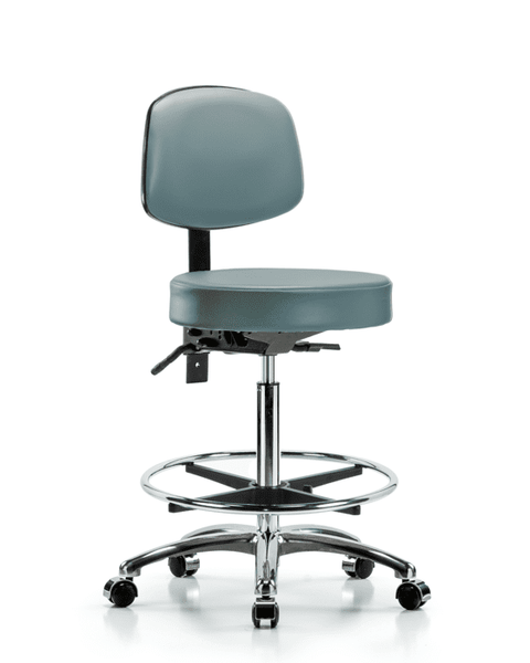 Vinyl Stool with Back Chrome - High Bench Height with Seat Tilt, Chrome Foot Ring, & Casters in Storm Supernova Vinyl - VHBST-CR-T1-CF-CC-8822