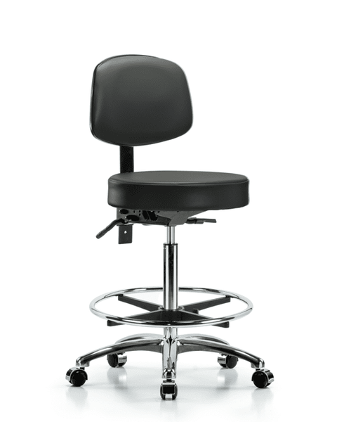 Vinyl Stool with Back Chrome - High Bench Height with Seat Tilt, Chrome Foot Ring, & Casters in Carbon Supernova Vinyl - VHBST-CR-T1-CF-CC-8823