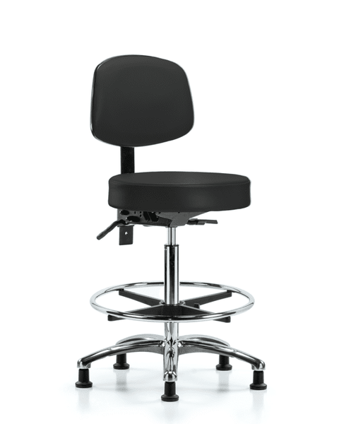 Vinyl Stool with Back Chrome - High Bench Height with Seat Tilt, Chrome Foot Ring, & Stationary Glides in Black Trailblazer Vinyl - VHBST-CR-T1-CF-RG-8540