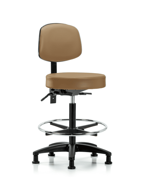 Vinyl Stool with Back - High Bench Height with Seat Tilt, Chrome Foot Ring, & Stationary Glides in Taupe Trailblazer Vinyl - VHBST-RG-T1-CF-RG-8584