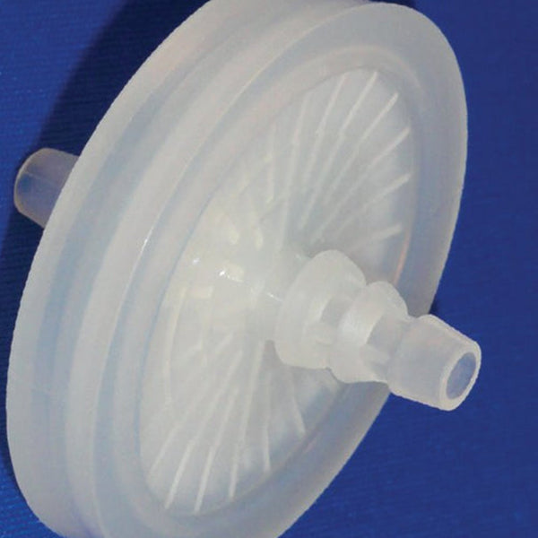 PTFE inline membrane filter, 50mm dia, porosity 0.45µm, STERILE filter with 1/4" to 3/8” barb ports, 10 pack - IWT-ES10502