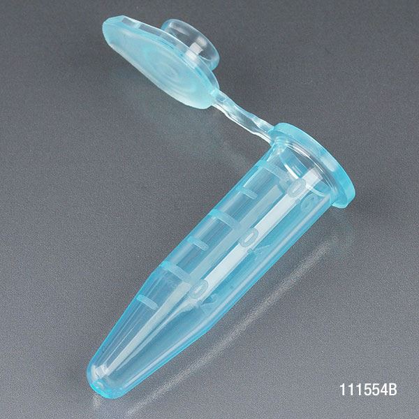 Microcentrifuge Tube, 0.5mL, PP, Attached Snap Cap, Graduated, Blue, Certified: Rnase, Dnase and Pyrogen Free, 500/Stand Up Zipper Closure Bag-111554B