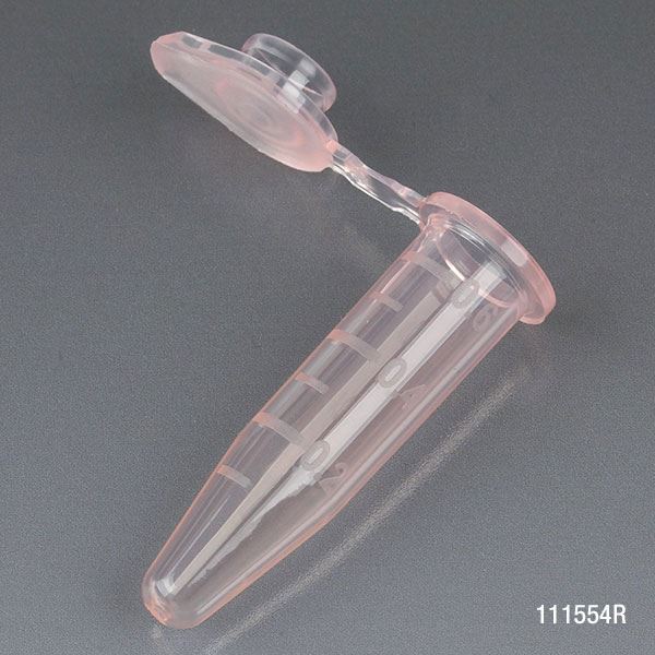 Microcentrifuge Tube, 0.5mL, PP, Attached Snap Cap, Graduated, Red, Certified: Rnase, Dnase and Pyrogen Free, 500/Stand Up Zipper Closure Bag-111554R