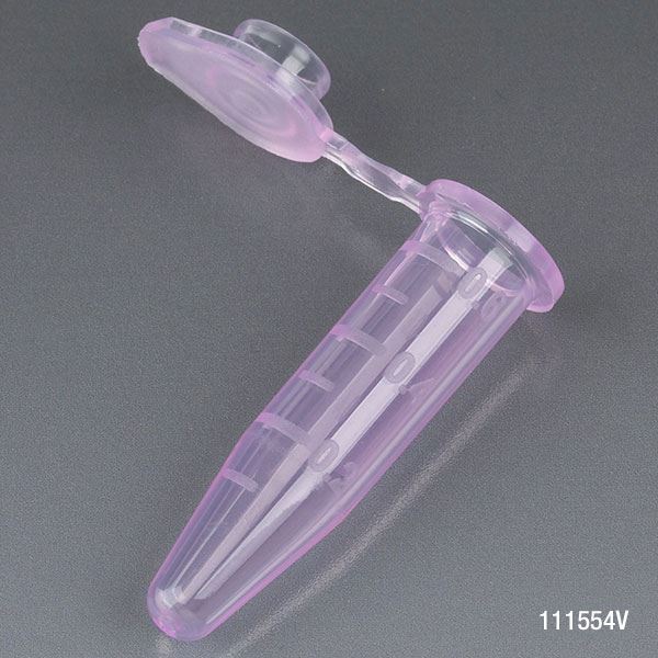 Microcentrifuge Tube, 0.5mL, PP, Attached Snap Cap, Graduated, Violet, Certified: Rnase, Dnase and Pyrogen Free, 500/Stand Up Zipper Closure Bag-111554V