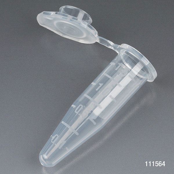 Microcentrifuge Tube, 1.5mL, PP, Attached Snap Cap, Graduated, Natural, Certified: Rnase, Dnase and Pyrogen Free, 500/Stand Up Zipper Closure Bag-111564