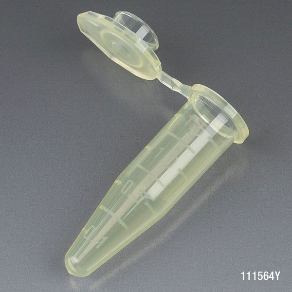 Microcentrifuge Tube, 1.5mL, PP, Attached Snap Cap, Graduated, Yellow, Certified: Rnase, Dnase and Pyrogen Free, 500/Stand Up Zipper Closure Bag-111564Y