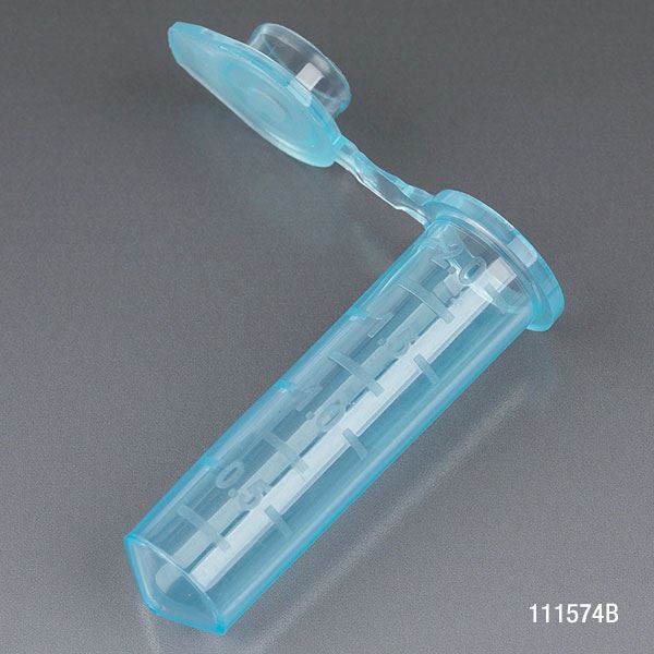 Microcentrifuge Tube, 2.0mL, PP, Attached Snap Cap, Graduated, Blue, Certified: Rnase, Dnase and Pyrogen Free, 500/Stand Up Zipper Closure Bag-111574B