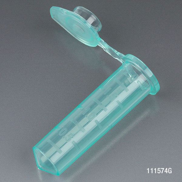 Microcentrifuge Tube, 2.0mL, PP, Attached Snap Cap, Graduated, Green, Certified: Rnase, Dnase and Pyrogen Free, 500/Stand Up Zipper Closure Bag-111574G