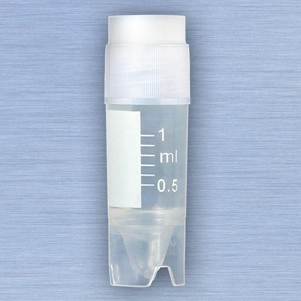 CryoCLEAR vials, 1.0mL, STERILE, External Threads, Attached Screwcap with Co-Molded Thermoplastic Elastomer (TPE) Sealing Layer, Conical Bottom, Self-Standing, Printed Graduations, Writing Space and Barcode, 50/Bag, 10 Bags/Case-3010