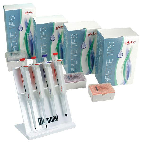 Pipette Kit, Diamond PRO Adjustable Volume Pipettors: 0.5-10uL, 2-20uL, 20-200uL, 100-1000uL; Sterile Racked Tips: 10uL, 20uL, 200uL, 1250uL and 4-Place Stand-3311-COMBO