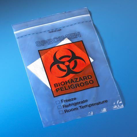 Bag, Biohazard Specimen Transport, 6" x 10", Zipper Closure with Score Line, Document Pouch and Absorbent Pad, 100/Pack, 5 Packs/Unit-4922