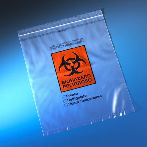 Bag, Biohazard Specimen Transport, 12" x 15", Zipper Closure with Score Line and Document Pouch, 100/Pack, 5 Packs/Unit-4929