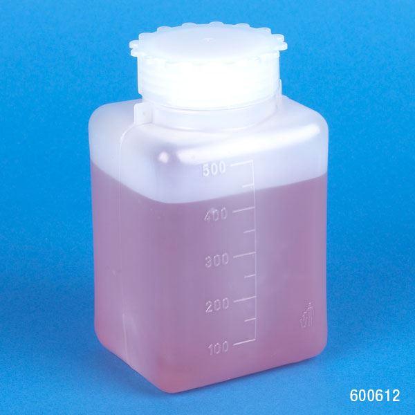 Bottle with Screwcap, Wide Mouth, Square, Graduated, PE (Cap: PP), 500mL, 25/Bag, 6 Bags/Unit-600612B