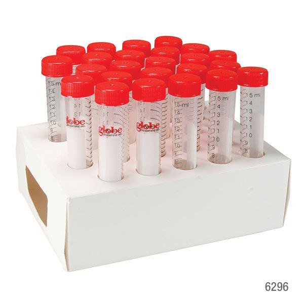 Diamond MAX Centrifuge Tube, 15mL, Attached Red Flat Top Screw Cap, PP, Printed Graduations, STERILE, Certified, 25/Cardboard Rack, 20 Racks/Unit-6296