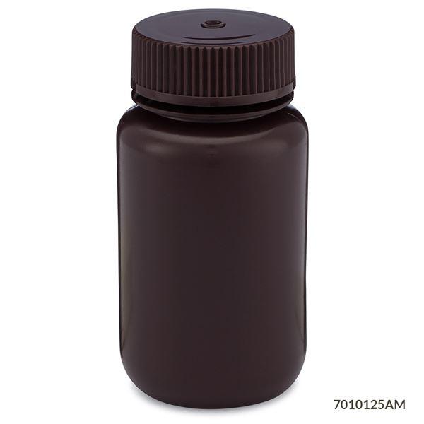 Bottle, Wide Mouth, HDPE Bottle, Attached PP Screw Cap, Amber, 125mL, 12/Pack-7010125AM