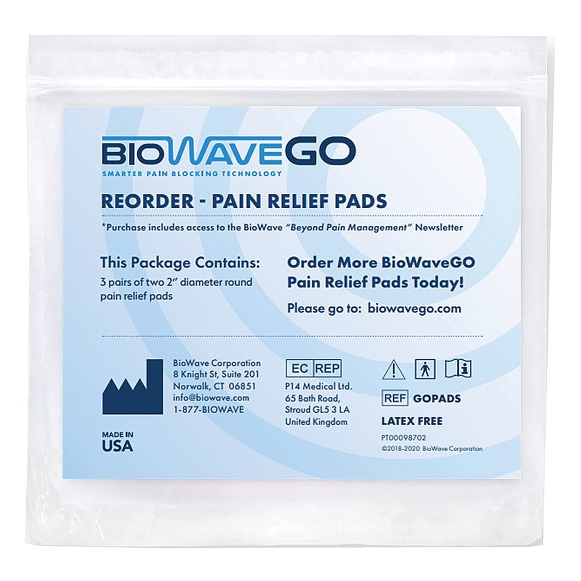 BioWave Electrode Pads for Pain Relief, Reusable - 2" Round, 3PR ct