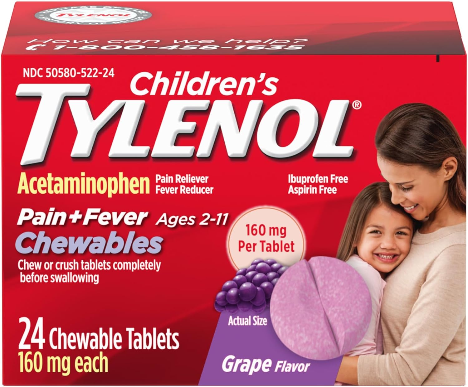 Children's Tylenol Pain + Fever Relief Chewables, Grape, 24 ct.